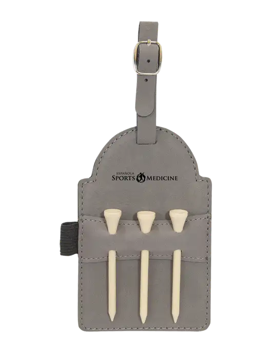 Grey Leatherette Golf Bag Tag with 3 Wooden Tees w/Espanola Logo