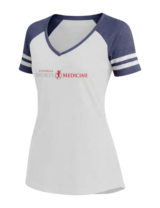 Womens White/Navy Heather V-Neck Game Tee w/Espanola Logo